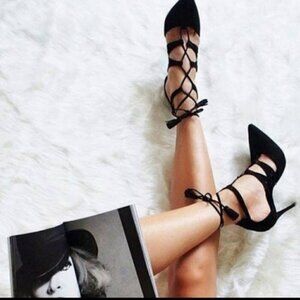 Schutz Zora Black Suede Lace Up Stiletto Pumps